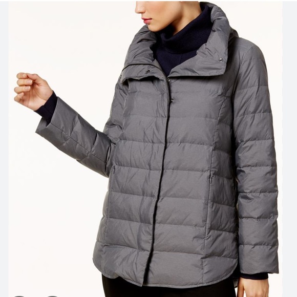 Eileen Fisher XS Gray Down Puffer Jacket High Collar Minimalist - Picture 2 of 10